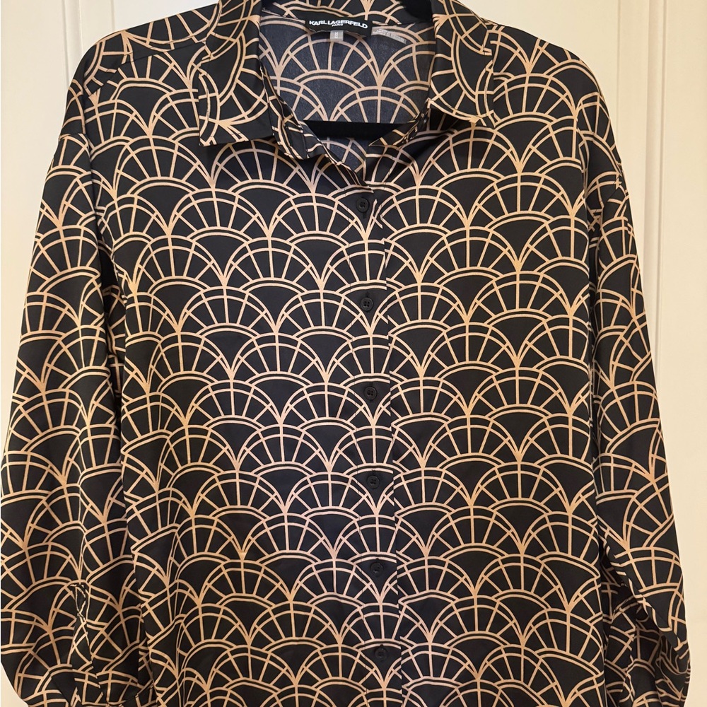 Karl Lagerfeld Black and Tan Geometric Women's Top